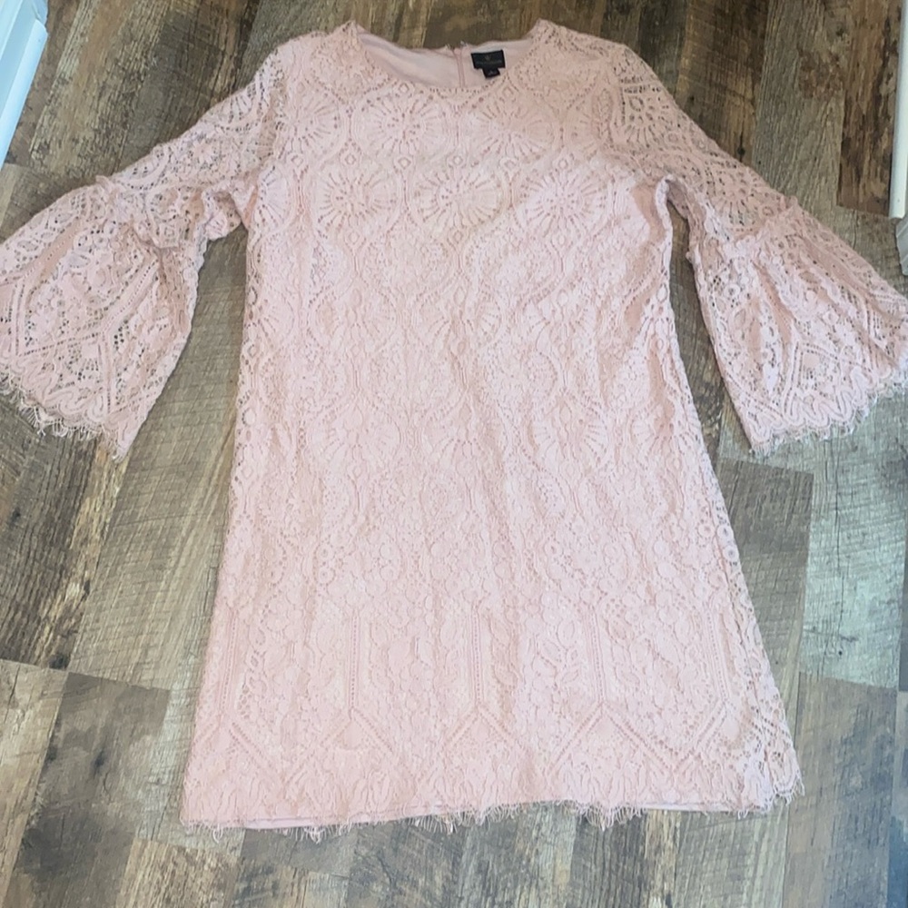 Worthington Women's Size Large Dress Blush Pink Lace Boho Bell‎ Sleeves Wedding.